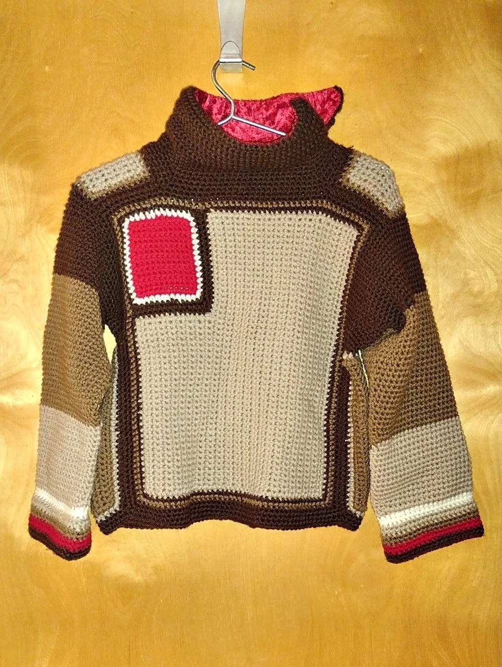 Beautifully Handmade Color Block Turtleneck Knit Sweater in Brown & Beige